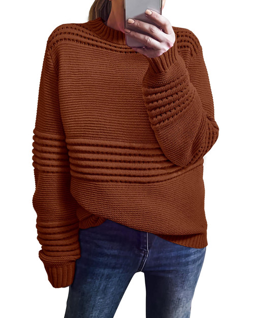 KIRUNDO Womens Sweaters 2023 Fall Long Sleeve Crew Neck Crochet Pit Striped Oversized Casual Chunky Ribbed Knit Pullover(Caramel, Medium)