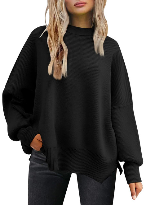 LILLUSORY Cute Swaeters Tops for Women Crewneck Batwing Long Sleeve Sweater 2023 Fall Oversized Ribbed Knit Pullover Top Black