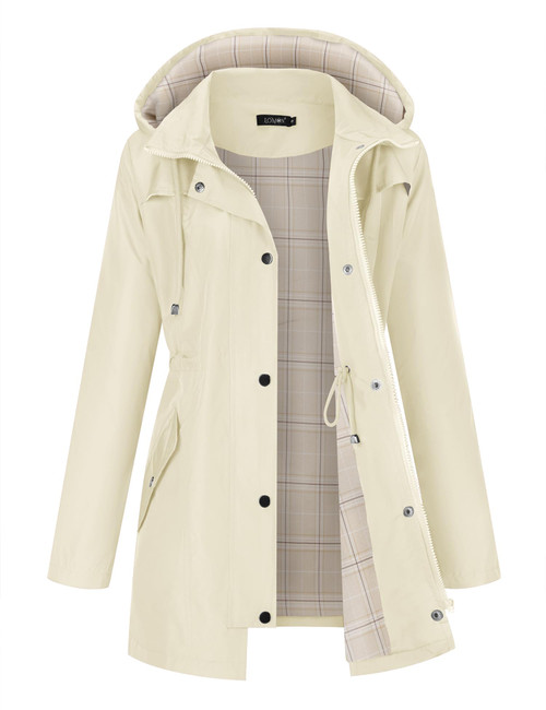 LOMON Women Rain Jacket Lightweight Hooded Jackets Women Lined Trench Coats Waterproof Outdoor Hiking Raincoat Beige M (Big Plaid Lining)