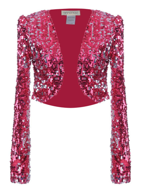 Anna - Kaci Womens Glitter Sequins Shiny Long Sleeve Cropped Bolero Blazers Shrugs, Rose Red, Large