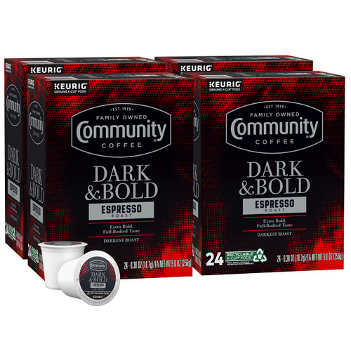 Community Coffee Dark & Bold Espresso Roast 96 Count Coffee Pods, Compatible with Keurig 2.0 K-Cup Brewers, 24 count (Pack of 4)