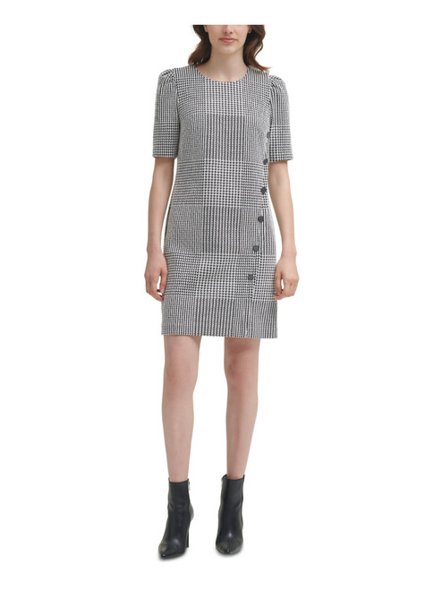 DKNY Womens Gray Zippered Button Front Detail Houndstooth Short Sleeve Crew Neck Short Wear to Work Shift Dress 2