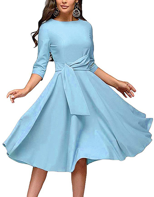 Women's Elegance Audrey Hepburn Style Ruched Dress Round Neck 3/4 Sleeve Swing Midi A-line Dresses Sky Blue
