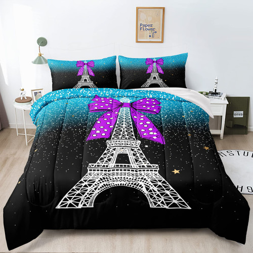 BDUCOK Eiffel Tower Comforter Set Twin Size Paris Bedding for Kids Girls Gradient Sky Comforter Set Romantic Theme Decor Adult Women Bedroom Decor(Paris Eiffel-Sets3003-Twin)