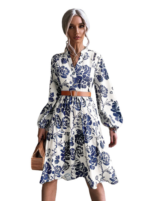 Floerns Women's Floral Print V Neck Ruffle Hem Lantern Long Sleeve Midi Dress Blue White S