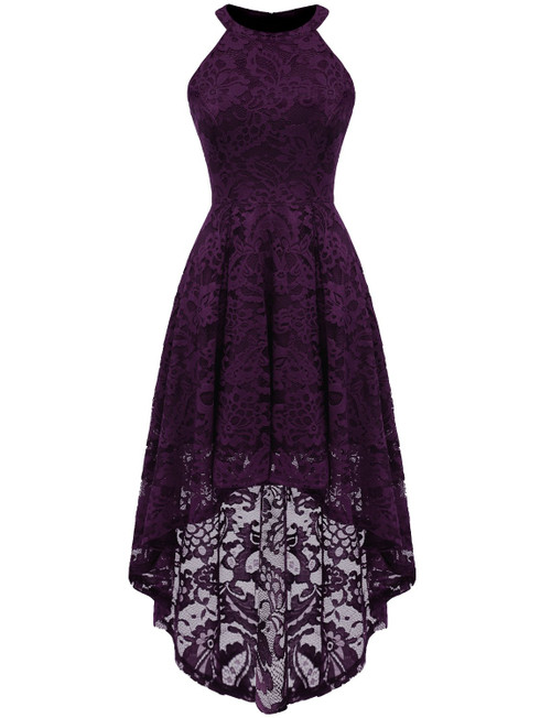 Dressystar 0028 Halter Floral Lace Cocktail Party Dress Hi-Lo Bridesmaid Dress Grape XXXL