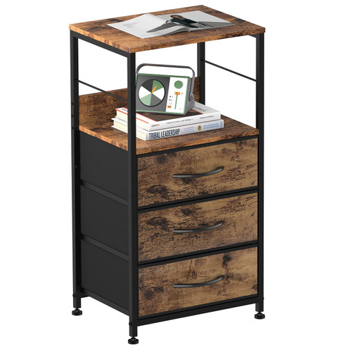 NOVIMANGO Nightstand with Drawers, Bedroom Side Table Night Stand with Storage Shelf End Table with Fabric Storage Industrial Bedside Table for Living Room Dorm, Rustic Brown and Black