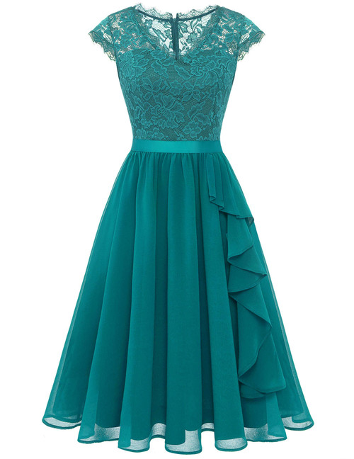 Wedtrend Women Short Lace Bridesmaid Dresses with Cap-Sleeve Wedding Guest Dresses Floral Chiffon Semi Formal Dresses, Ruffle Modest Juniors Short Prom Dress for Cocktail Party WT0212PeacockGreenM