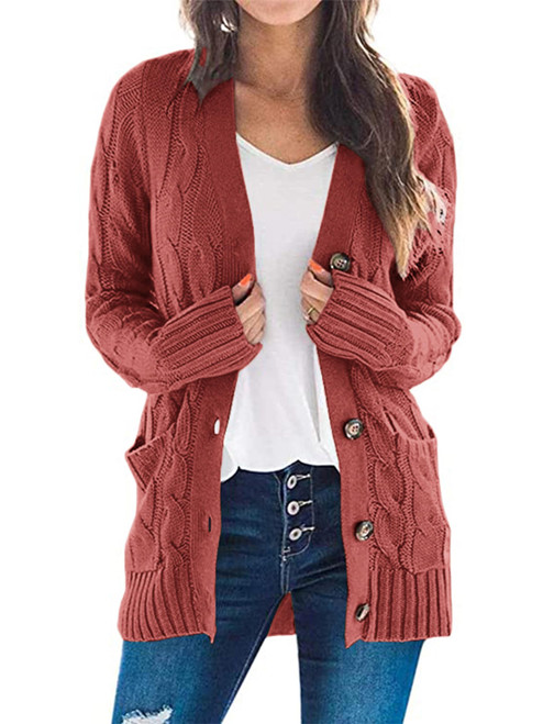 PRETTYGARDEN Women's Open Front Cardigan Sweaters Fashion Button Down Cable Knit Chunky Outwear Coats (Red,Large)