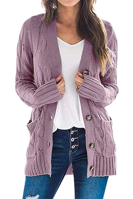 PRETTYGARDEN Women's Open Front Cardigan Sweaters Fashion Button Down Cable Knit Chunky Outwear Coats (Purple,Small)