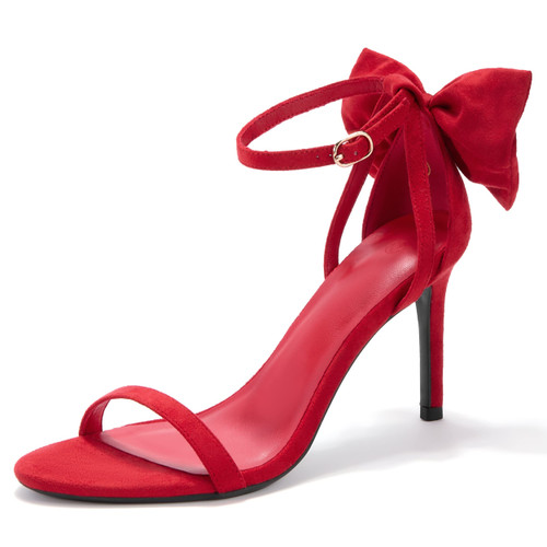 Coutgo Womens Ankle Strap High Heels Open Toe Stiletto Bow Tie Knot Heeled Sandals Fashion Wedding Dress Pump Shoes Red 8