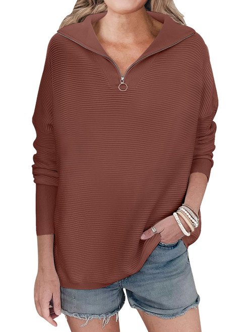 ANRABESS Oversized Sweater for Women Quarter Zip Pullover Casual Long Sleeve Half Zip Collared Lapel V Neck Baggy Slouchy Knitted Tunic Jumper Clothes 2023 Fall 802xiuhong-S Rust