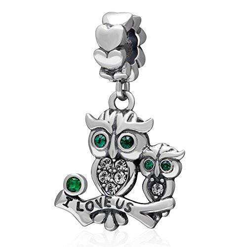 Owl Charm- 925 Sterling Silver- Animal Bird Charm Crystal Charm Wife Husband Family charm Love Marriage Anniversary Charm For Diy Bracelets (green-2)