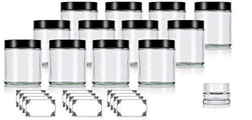 Clear Thick Glass Straight Sided Jars - 4 oz / 120 ml (12 Pack) + Labels + Small Glass Balm Jar