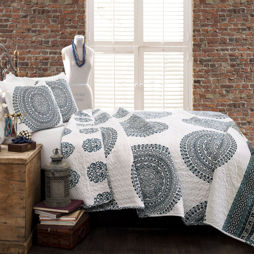 Lush Decor King-Blue Shaila Medallion Quilt | Mandala Print Reversible 3 Piece Bedding Set