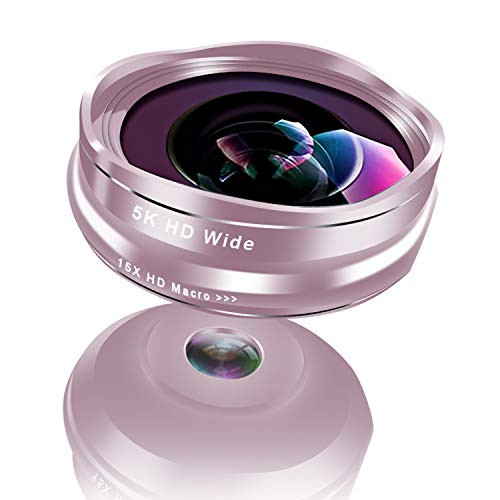 Flower Bud Cell Phone Lens, 0.45X Wide Angle & 15X Macro Lens, 2 in 1 Clip-On 5K HD Phone Camera Lens for iPhone, Samsung Galaxy, Android Smartphones (Rose Gold)
