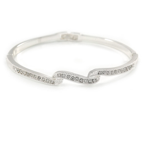 Avalaya Delicate Clear Crystal Triple Leaf Bangle Bracelet In Rhodium Plating - 18cm L