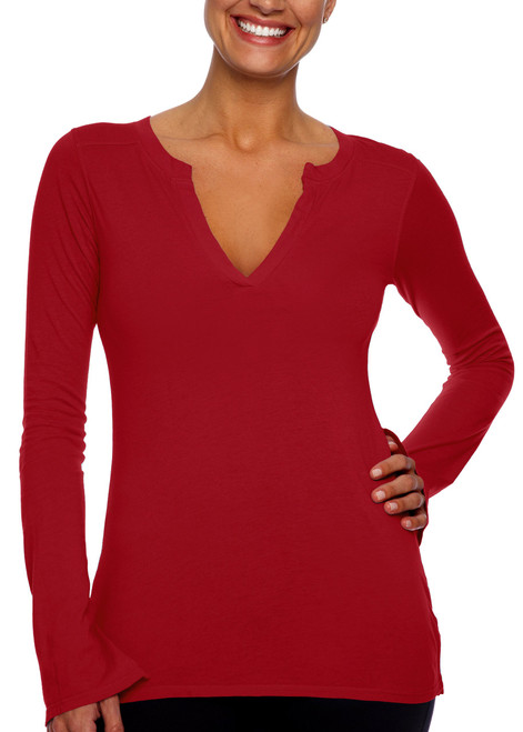 Beyond Yoga Organic Pima Henley,Ruby,X-Small