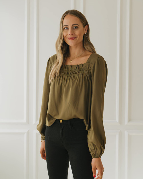 The Drop Women's Military Olive Ruffle Neck Blouse by @fashion_jackson, S