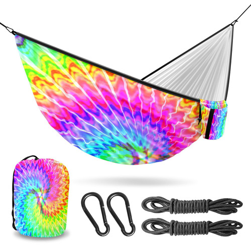 Camping Hammock Lightweight Parachute Polyester Portable Hammock with Tree Ropes and Carabiners Perfect for Outdoors Backpacking Hiking Camping Travel Beach Backyard Garde Colorful Tie-dye