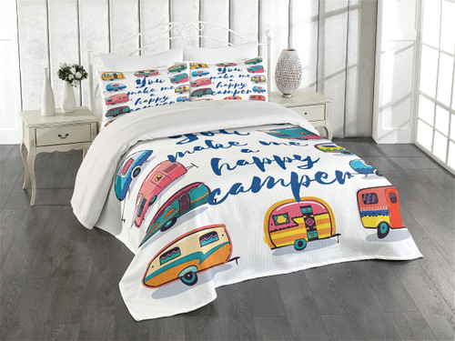 Lunarable Camper Coverlet Set Queen Size, You Make Me Happy Camper Motivational Words with Caravans Retro Style Travel Graphic, 3 Piece Decorative Quilted Bedspread Set with 2 Pillow Shams, Navy White