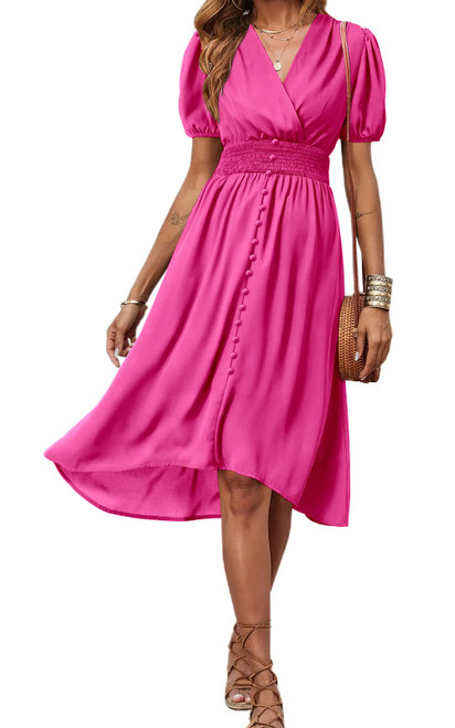 PRETTYGARDEN Women Chiffon Summer Dress Casual Wrap V Neck Puff Sleeve Smocked A-Line Pleated Hem Swing Midi Sun Dresses (Rose Red, Small) PRETTYGARDEN Women Chiffon Summer Dress Casual Wrap V Neck Puff Sleeve Smocked A-Line Pleated Hem Swing Midi Sun Dresses (Rose Red, Small)