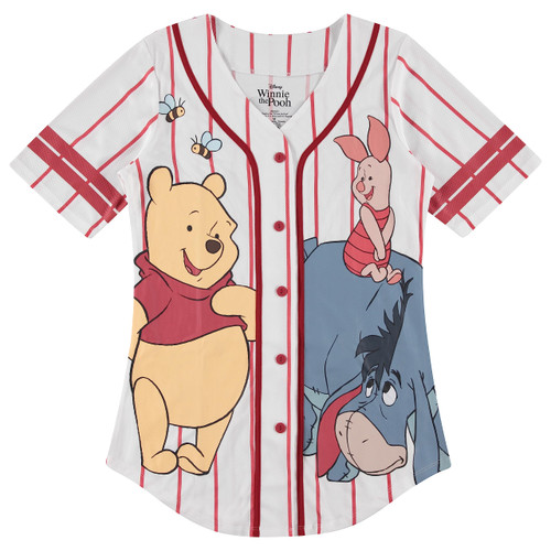 Disney Ladies Pooh Baseball Jersey - Vintage Winnie The Pooh Mesh Button Down Baseball Jersey - Winnie, Eeyore, Piglet Jersey (White Red, Large)