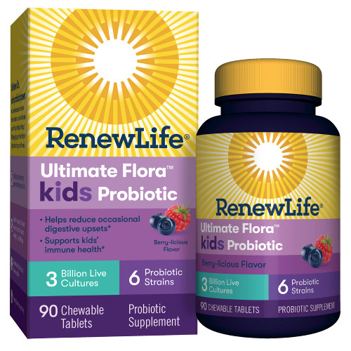 Renew Life Kids Chewable Probiotic Tablets, Daily Supplement Supports Digestive and Immune Health, Berry-licious Flavor, Dairy, Soy and gluten-free, 3 Billion CFU, 90 Count