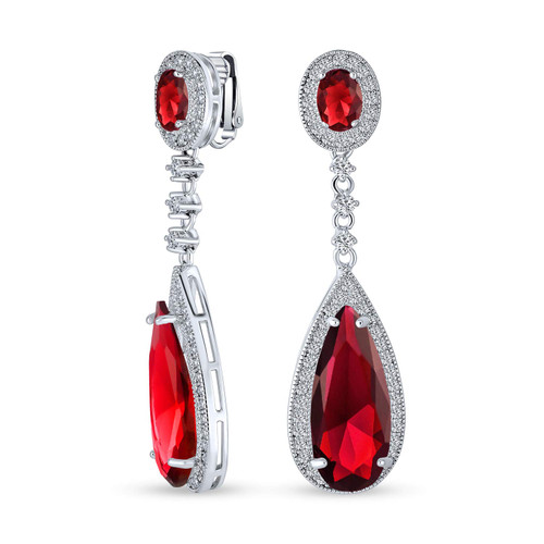 Red Long Teardrop Cubic Zirconia Dangle Statement CZ Screw Clip On Earrings Simulated Ruby Silver Plated Brass