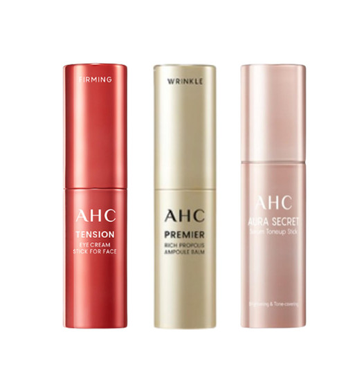 AHC Premier Rich Ampoule Stick Balm, Tension Eye Cream Stick + Aura Secret Tone-up Sticks Balm