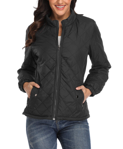 PEIQI Quilted Jacket for Women Outwear Puffer Zip-up Stand Collar Padded Jacket Winter Coat with Pockets Black Small