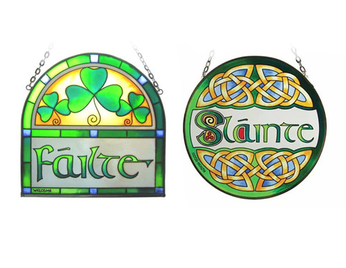 Royal Tara Slainte and Failte Traditional Irish Greetings Stained Glass Panels Window Hanging Suncatchers Set of 2 Royal Tara Slainte and Failte Traditional Irish Greetings Stained Glass Panels Window Hanging Suncatchers Set of 2