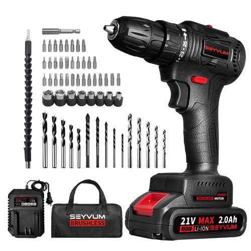 SEYVUM P10 21V Cordless Drill Set, [Powerful Brushless Motor] [Compact], Power Drill Driver, Electric Drill with Li-ion Battery, Fast Charger, Variable Speed, 57pcs Drill Bits with Tool Bag
