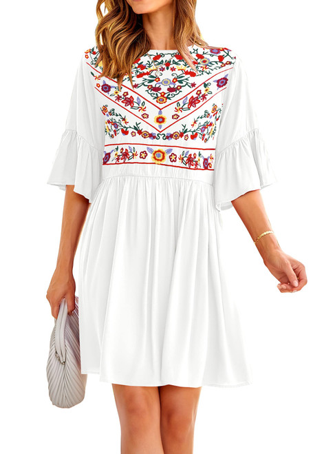 KIRUNDO 2023 Women Bell Sleeve Floral Embroidered Mini Babydoll Dress Boho Casual Round Neck Flowy Tunic Shift Dress, White, Small KIRUNDO 2023 Women Bell Sleeve Floral Embroidered Mini Babydoll Dress Boho Casual Round Neck Flowy Tunic Shift Dress, White, Small