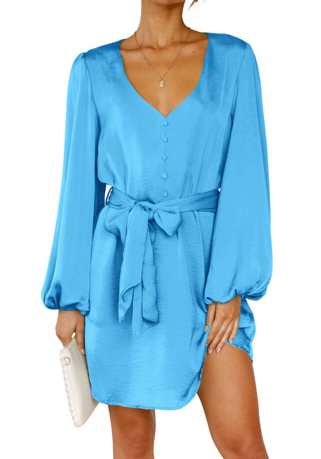 PRETTYGARDEN Women's Spring Long Puff Sleeve Satin Dress V Neck Cocktail Party Belted Short Formal Dresses (Sky Blue,Medium)