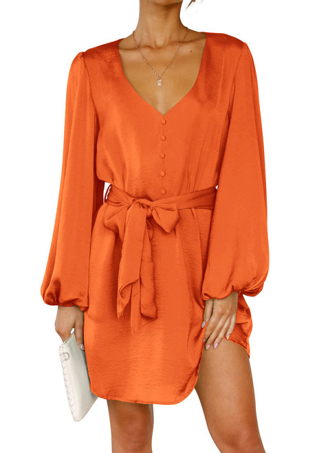 PRETTYGARDEN Women's Spring Long Puff Sleeve Satin Dress V Neck Cocktail Party Belted Short Formal Dresses (Brilliant Orange,Large)