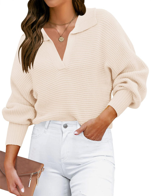 ZESICA Women's 2023 Fall Lapel Collar V Neck Long Sleeve Ribbed Knit Comfy Loose Casual Pullover Sweater Jumper Top,Beige,Large