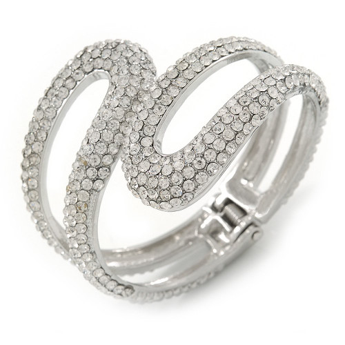 Avalaya Clear Crystal Double Loop Hinged Bangle In Silver Plating - up to 20cm L