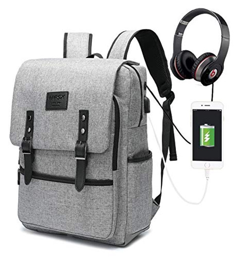 HFSX Vintage Laptop Backpack for Women Men School College Backpack with USB Charging Port Fashion Backpack Fits 15.6 inch Notebook Grey HFSX Vintage Laptop Backpack for Women Men School College Backpack with USB Charging Port Fashion Backpack Fits 15.6 inch Notebook Grey
