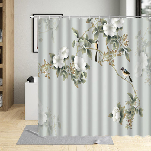 JIAMELUCK Chinese Style Flowers Birds Shower Curtain Simple Print Bath Curtains Polyester Fabric Bathroom Decor with Hooks 183x203cm(72" Wx80 H)