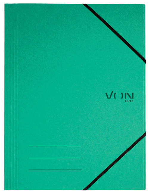 VON Leitz 30080055 A4 Folder with Elastic Band, Recycled Cardboard, for 150 Sheets, 3 Flaps, Folder with Modern VON Print, Lightweight Folder for School and Home, Pack of 5, Green, 30080055