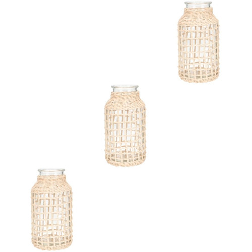 VOSAREA 3pcs Rattan Glass vase Decorations for Home Table Decorations Clear Ornaments Rattan Desktop Vase Rattan Flower pots Crystal Glass vase Decorative Flower Pot Simple Vase Art Vase