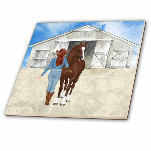 3dRose Country Western Cowgirl with her Horse and a Stable for Country Girls - Tiles (ct-365890-3)