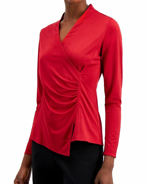 Alfani Women's Blouse Wrap-Style Top Long Sleeve V-Neck Red XL