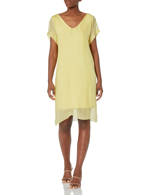 M Made in Italy Women's Simple Elegant Short Sleeve Shift Dress, Yellow, Large