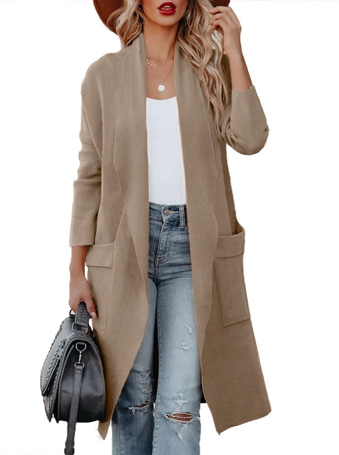 Uusollecy Women Long Sleeve Open Front Knit Cardigans Casual Loose Oversized Cardigan Sweater Solid Color Knitted Coat with Pockets Camel Large