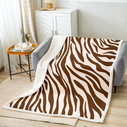 Animal Fur Stripes Bed Blanket Brown Throw Blanket Lightweight Soft Cozy Luxury Zebra Skin Fleece Blanket Zebra Pattern Flannel Blanket for Sofa Bedroom Office Travel All Season(Twin 60"x80")