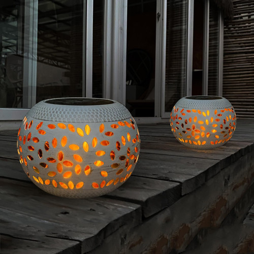 Solar Table Lights Outdoor Waterproof - 2 Pack Dancing Flickering Flame Lamp White Metal Tabletop Light Solar Powered Decorative Lighting Lantern for Desk Bedroom Patio Garden Pathway Yard