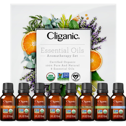 Cliganic Organic Aromatherapy Essential Oils Gift Set (Top 8), 100% Pure - Peppermint, Lavender, Eucalyptus, Tea Tree, Lemongrass, Rosemary, Frankincense & Orange