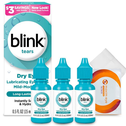Blink Tears Lubricating Eye Drops 3 Pack Mild-Moderate, Blink Eye Drops for Dry Eyes 15 ml (Total 45 ml), Bundled with 1 Tea Tree Oil Eyelid/Eyelash Wipe